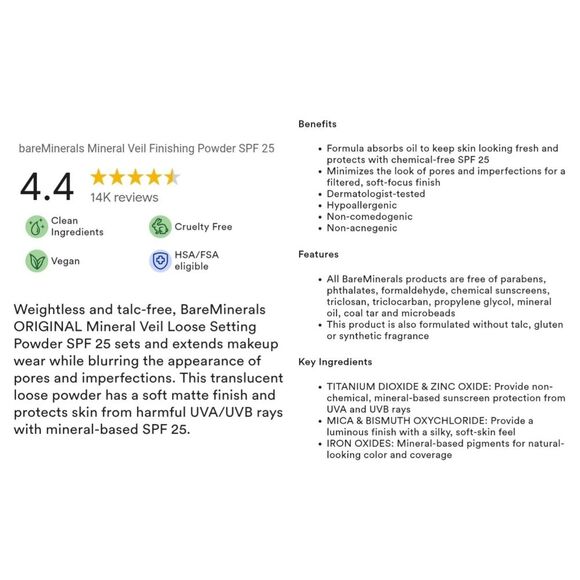 BAREMINERALS Original Mineral Veil Translucent Loose Setting Powder SPF 25 - Picture 7 of 8